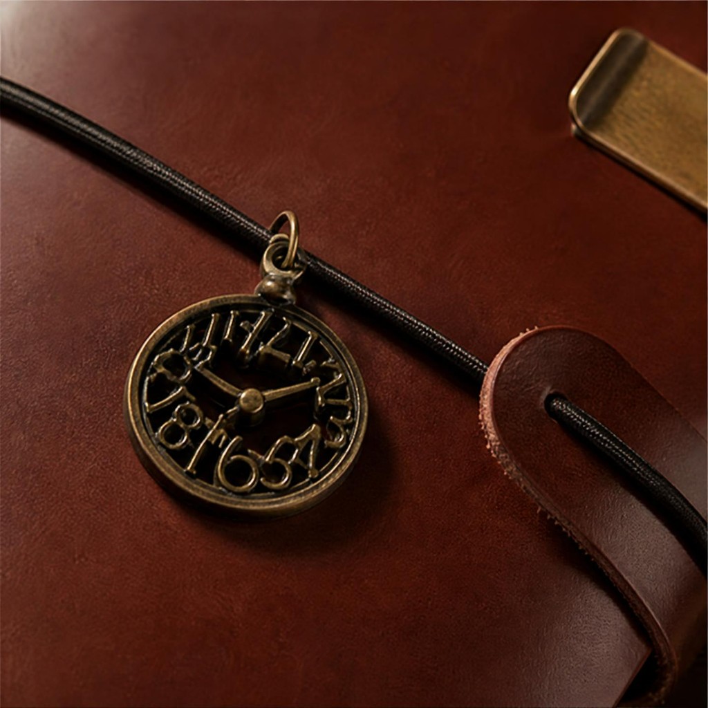 Close-up of glossy coffee leather with a brass clock charm