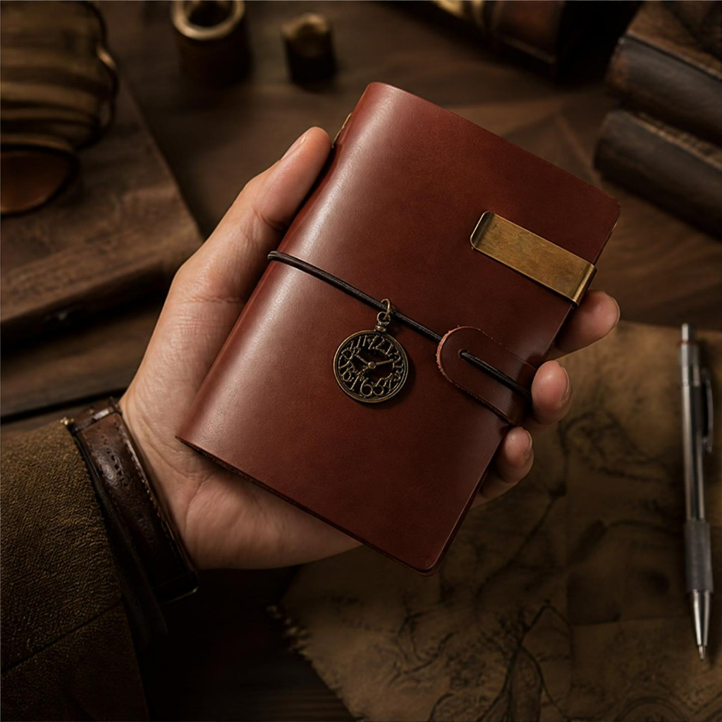 Hand holding a glossy coffee pocket travel journal