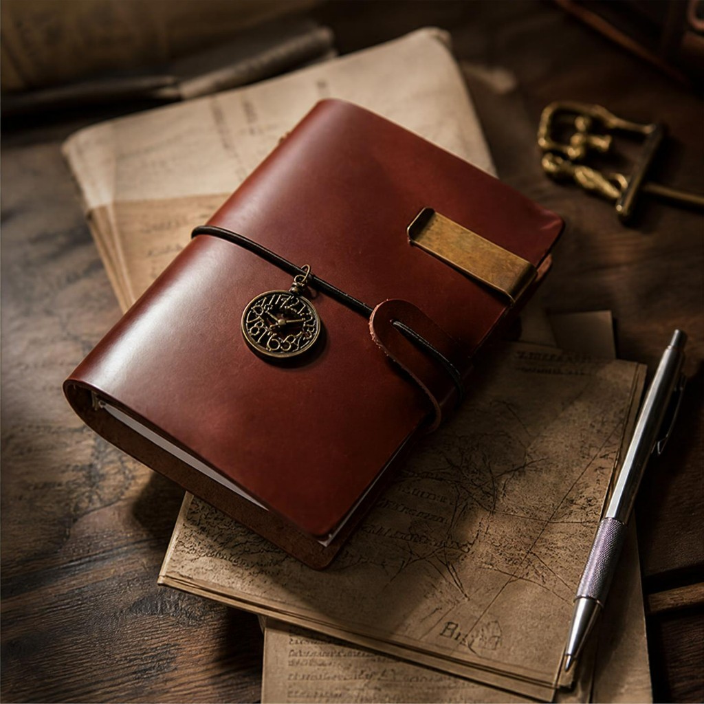 Glossy coffee journal on aged papers beside a silver pen