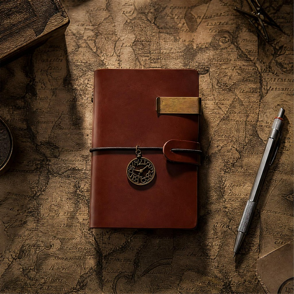 Top-down glossy coffee journal on a map with a mechanical pencil