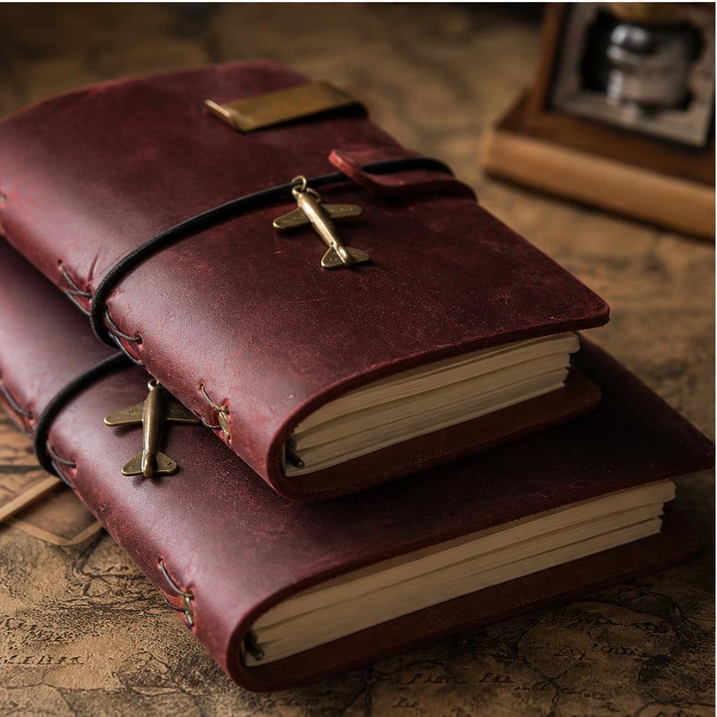 Two red-brown chestnut leather journals stacked on an antique map with airplane charms