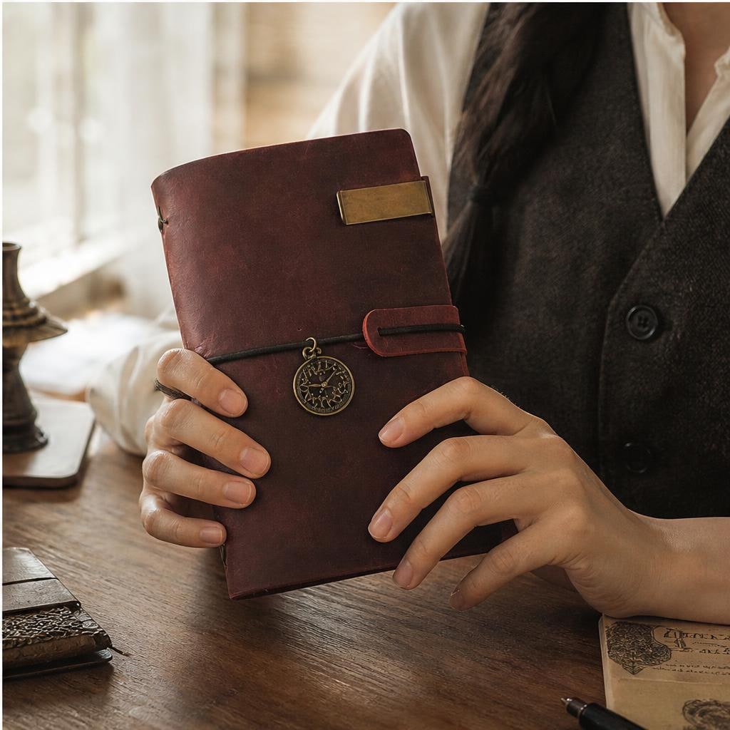Hands holding a red-brown chestnut journal with a brass clock charm over a wooden desk