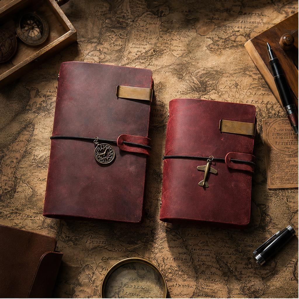 Two chestnut journals on a vintage map with fountain pen, compass and magnifying glass