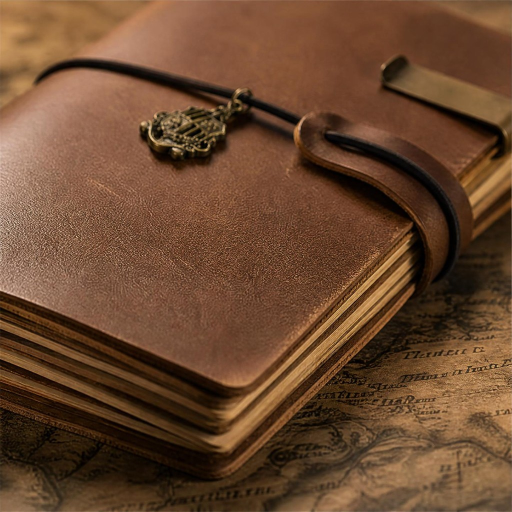 Coffee cowhide journal styled on an antique map