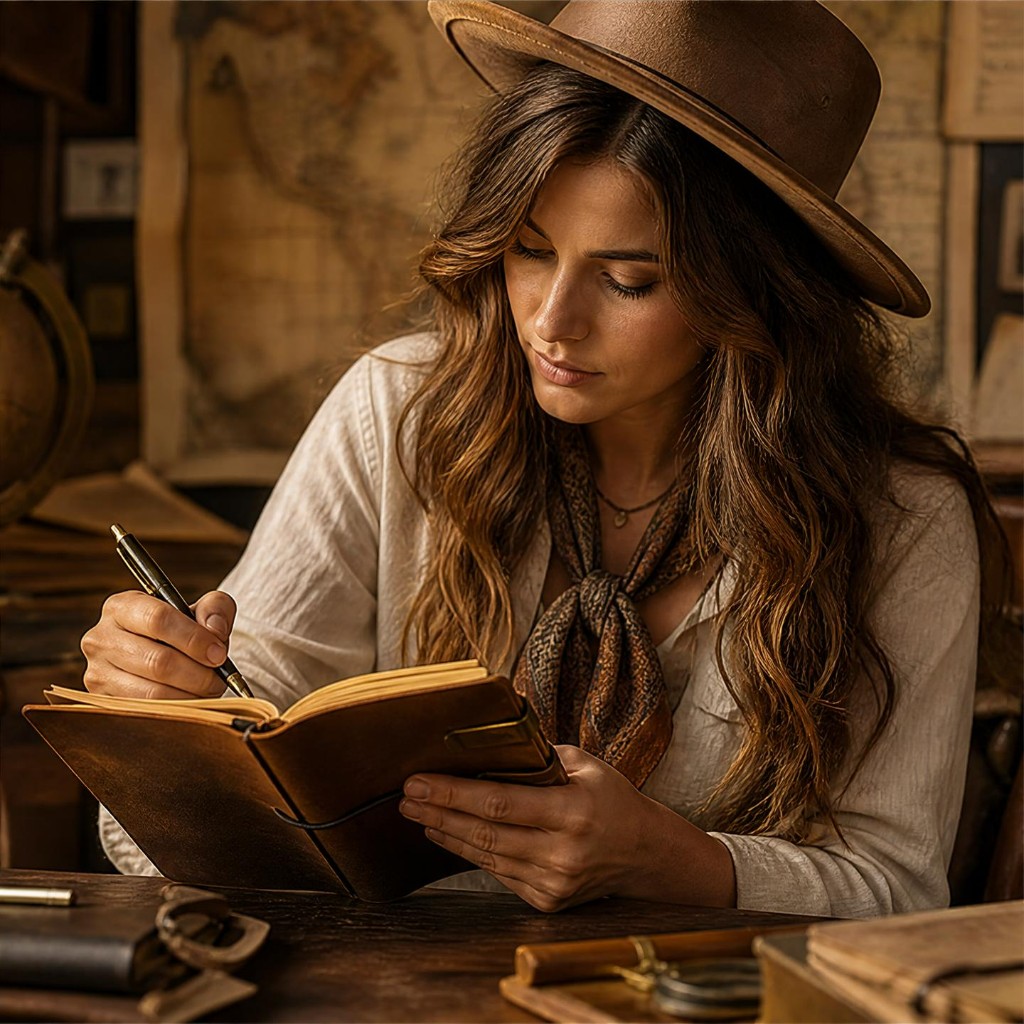 Model writing in a coffee travel journal in a vintage study