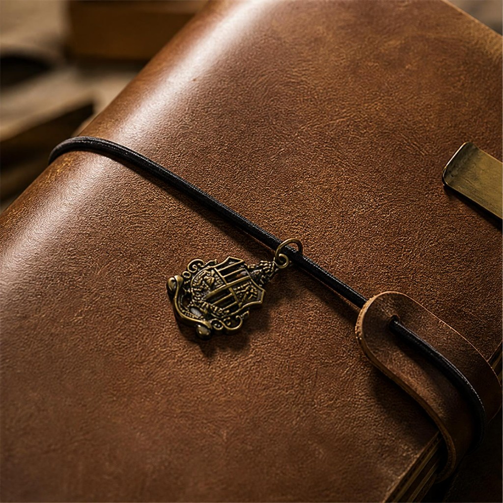 Close-up of coffee leather with a brass crest charm