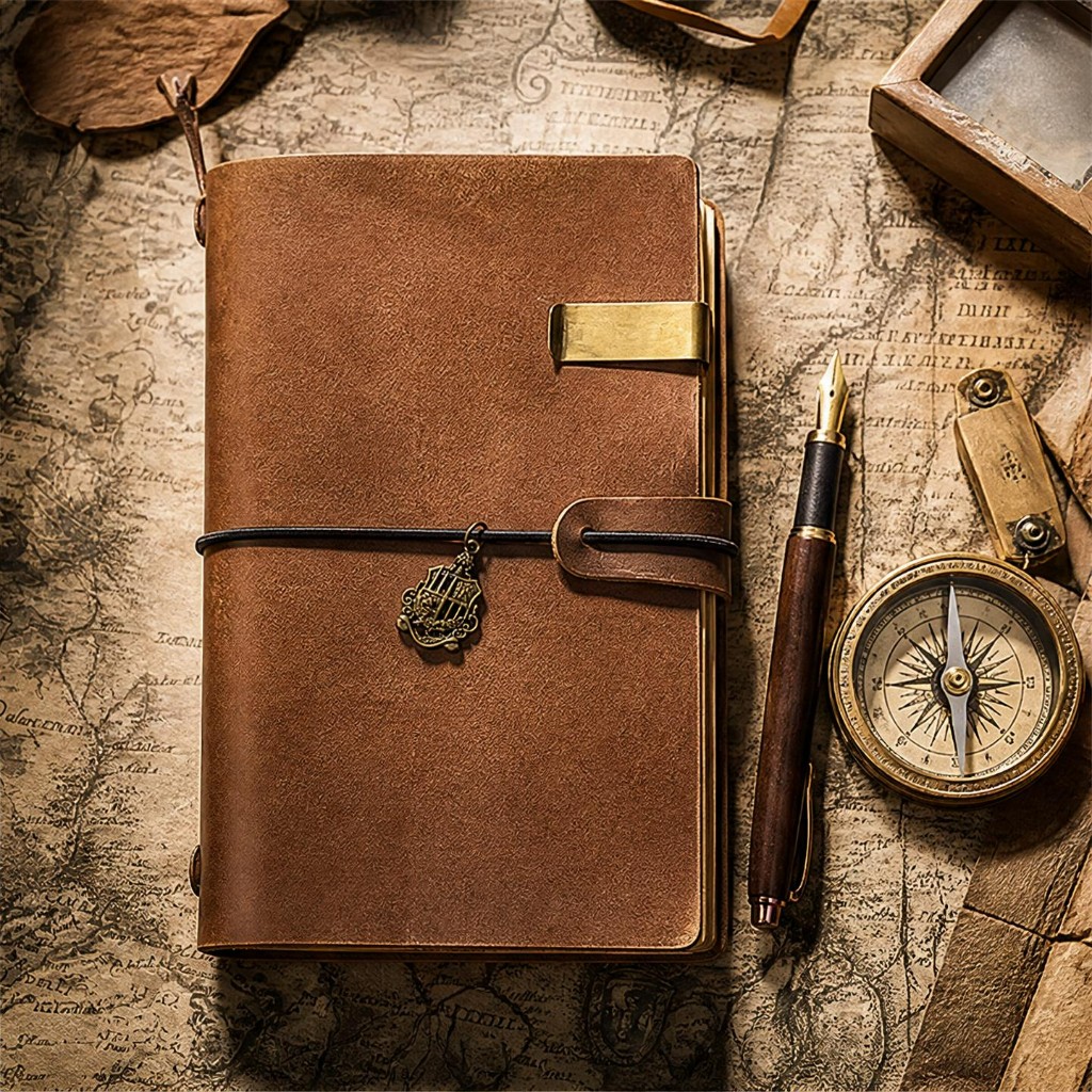 Coffee journal flat lay with fountain pen and brass compass