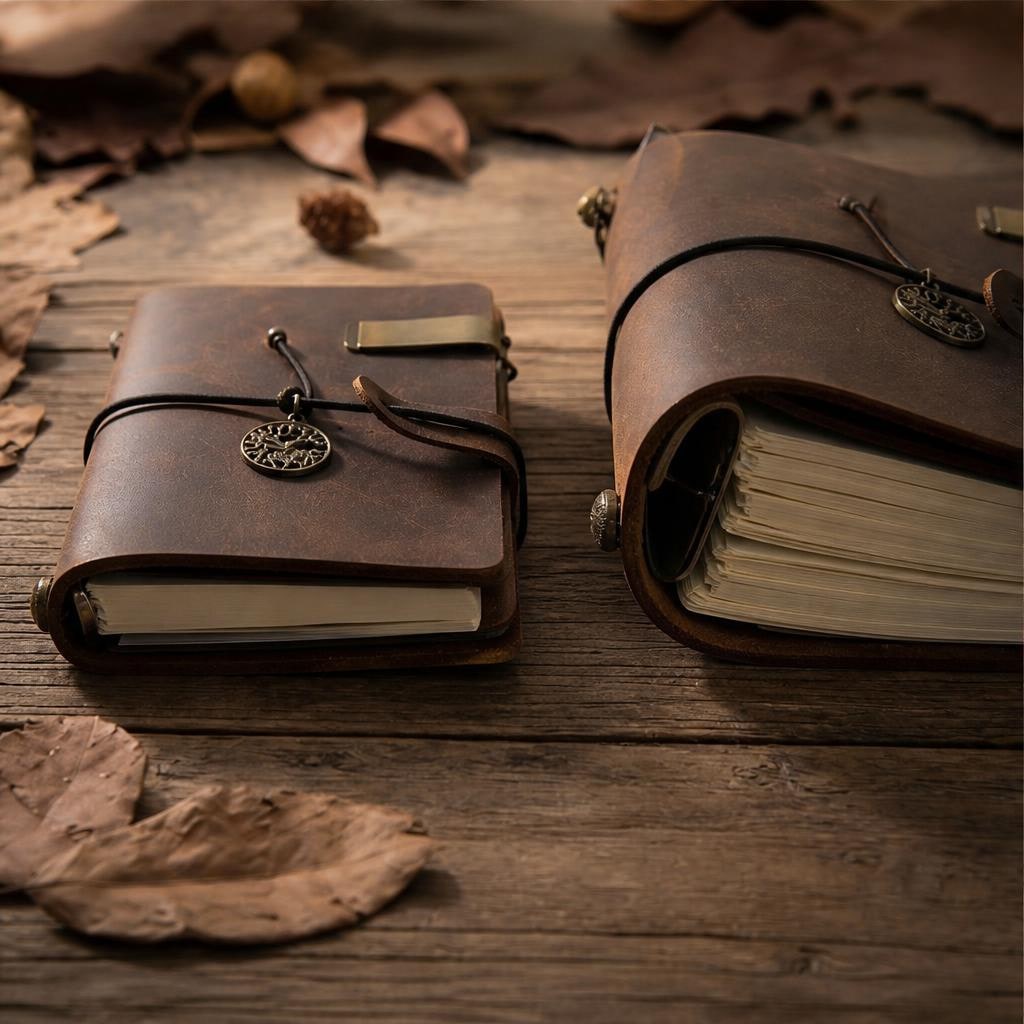 Two dark brown leather journals on wood with autumn leaves and tree-of-life charms