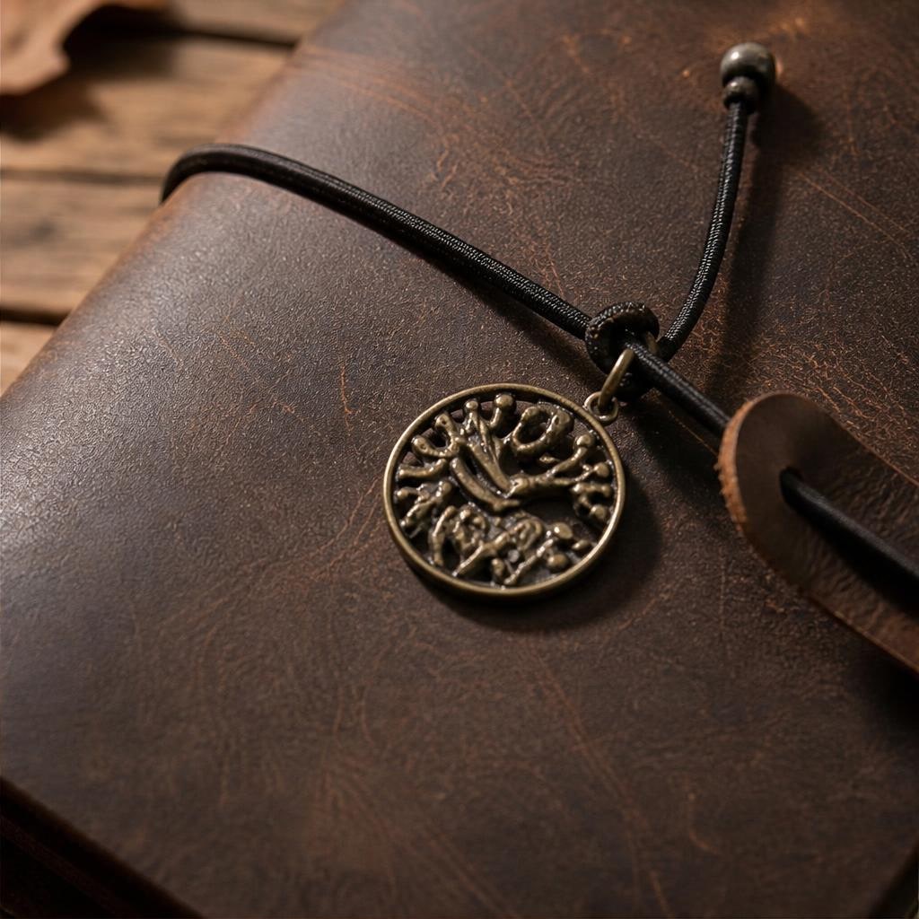 Close-up of dark brown crazy-horse leather with a brass tree-of-life charm