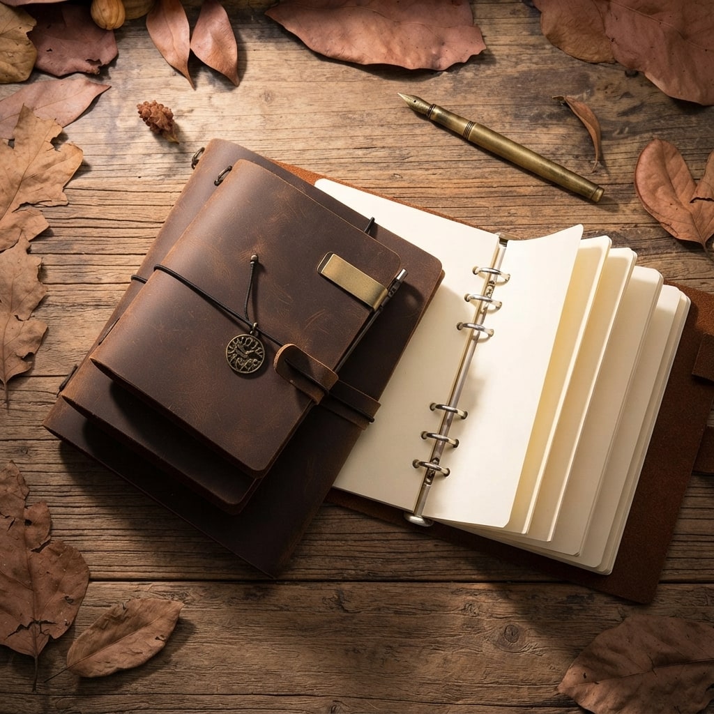 Dark brown journals flat lay with fountain pen, autumn leaves and pinecone