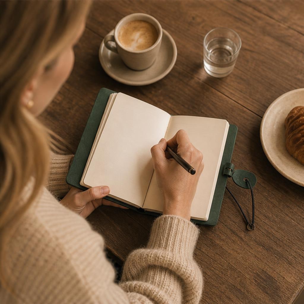 Writing in an open emerald green leather travel journal at a café table