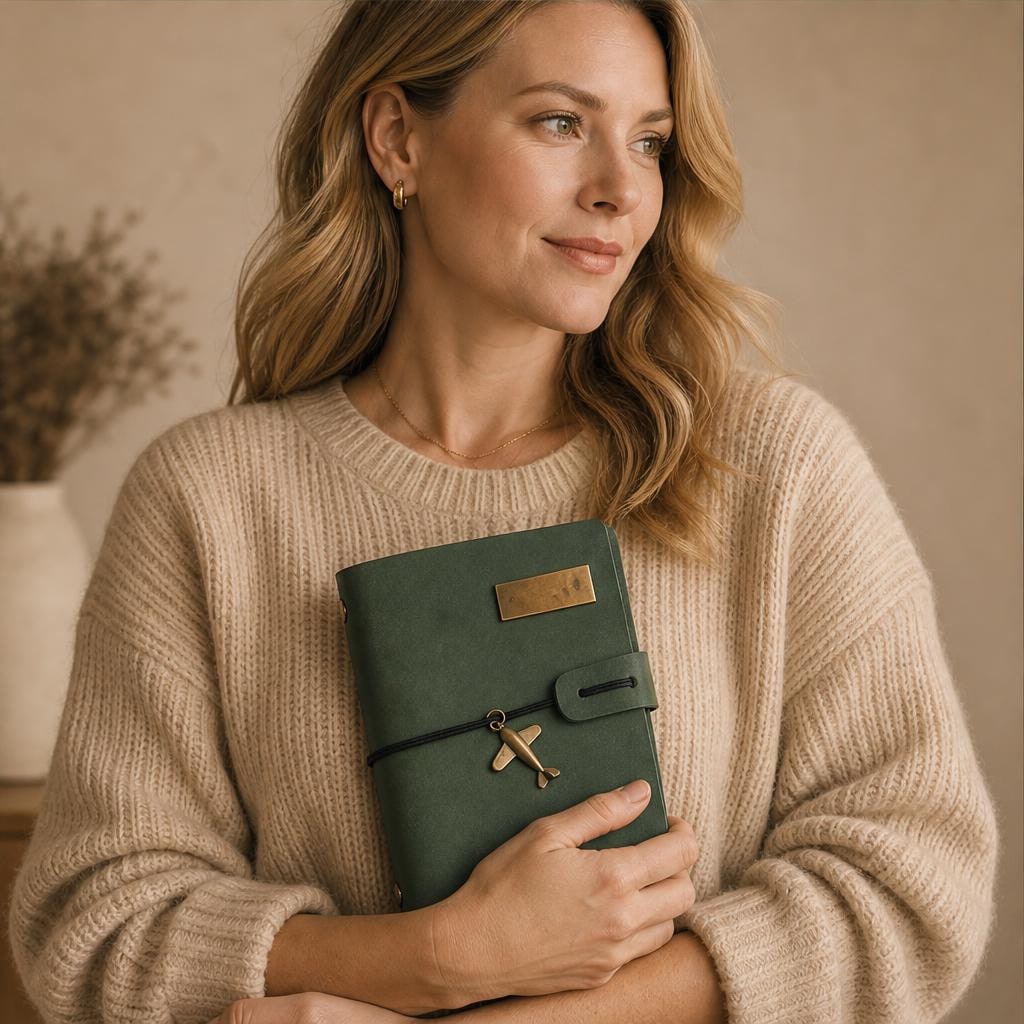 Woman in a cream sweater holding an emerald green leather journal with a brass airplane charm