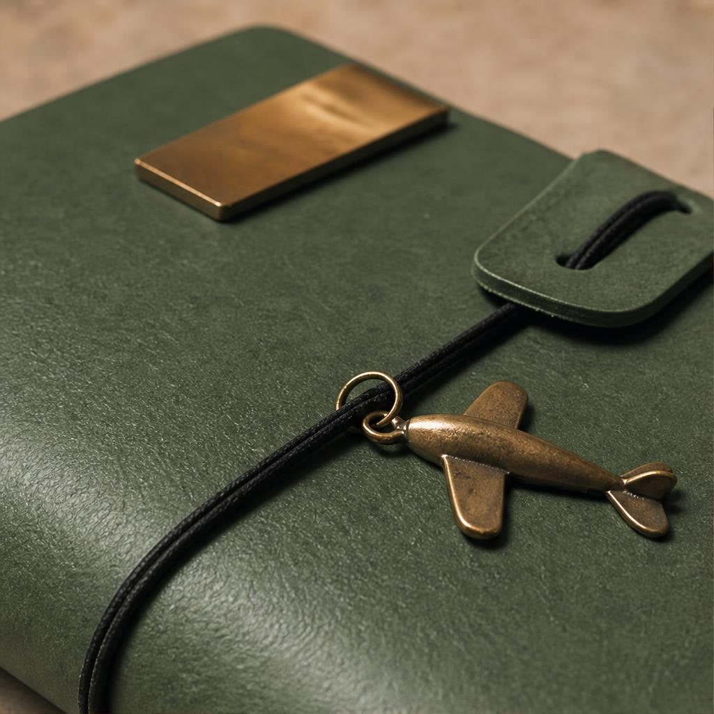 Close-up of emerald green crazy-horse leather cover with brass plate and airplane charm