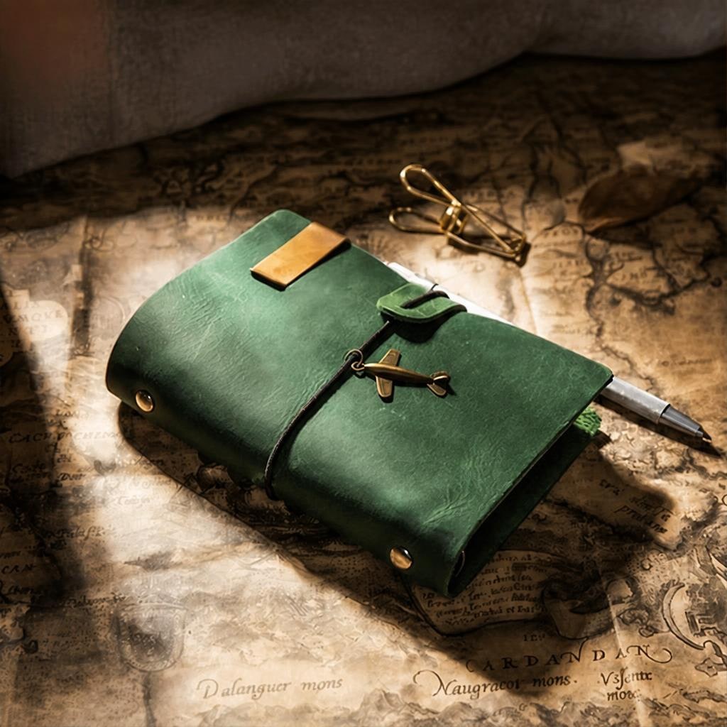 Emerald green travel journal on an antique map with a brass airplane charm