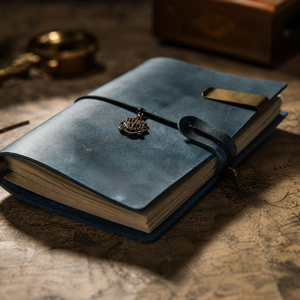 Deep navy cowhide travel journal on an antique map