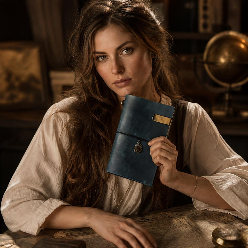 Model holding a navy cowhide travel journal at a vintage map desk