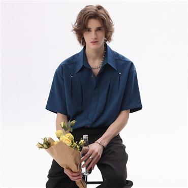 Retro American Solid Color Mandarin Collar Short-Sleeve Shirt