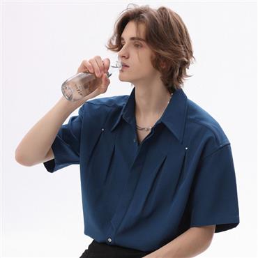 Retro American Solid Color Mandarin Collar Short-Sleeve Shirt 2