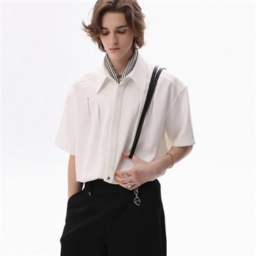 Retro American Solid Color Mandarin Collar Short-Sleeve Shirt