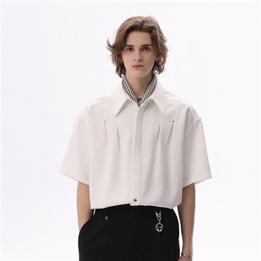 Retro American Solid Color Mandarin Collar Short-Sleeve Shirt 2
