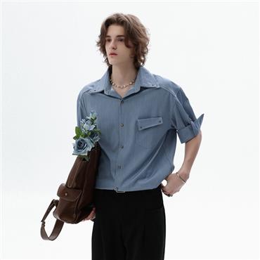 CHOR Summer Breeze Men’S Short-Sleeve Ice-Silk Denim Shirt With Unique Pocket Design