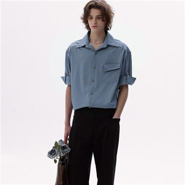 CHOR Summer Breeze Men’S Short-Sleeve Ice-Silk Denim Shirt With Unique Pocket Design 2