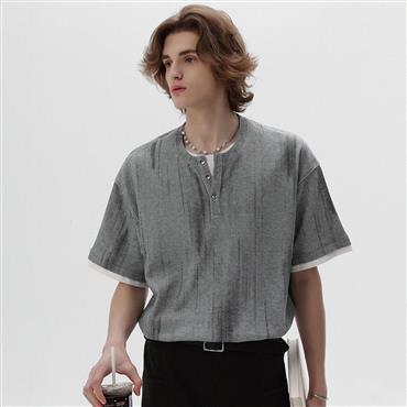 CHOR Ink-Wash Inspired Henley Short-Sleeve T-Shirt With Modern Two-Tone Layered Look 2