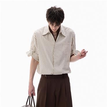 CHOR Striped Relaxed Casual Henley Short-Sleeve Shirt For Men With Trendy Summer Vibe