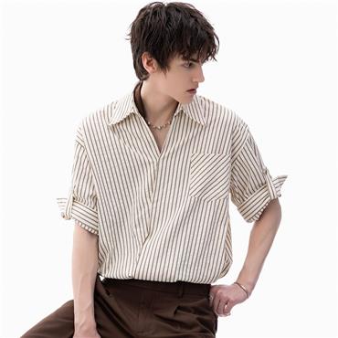 CHOR Striped Relaxed Casual Henley Short-Sleeve Shirt For Men With Trendy Summer Vibe 2